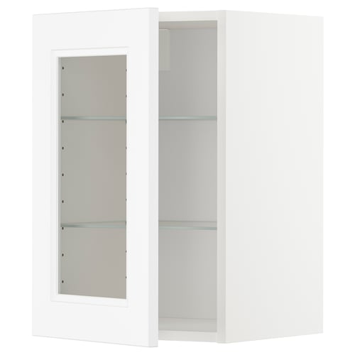 White METOD kitchen cabinet with glass door, modern design, adjustable shelves.
