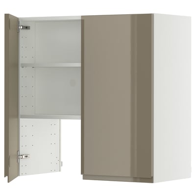 METOD Wall cb f extr hood w shlf/door, white/Voxtorp high-gloss dark grey-brown, 80x80 cm