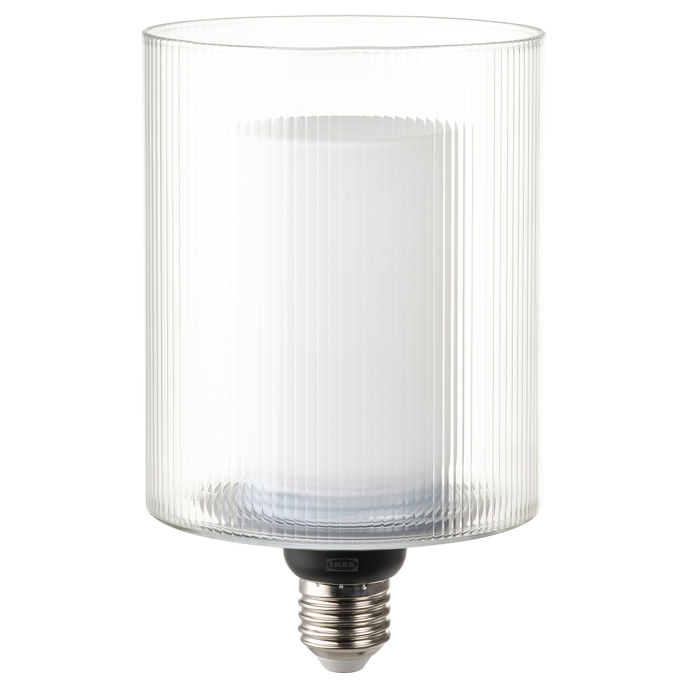 Ikea MOLNART bulb cover, clear ribbed glass, protects warm led light, cylindrical shape.