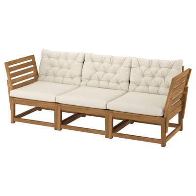 NÄMMARÖ 3-seat modular sofa, outdoor, armrests light brown stained/Kuddarna light grey-beige