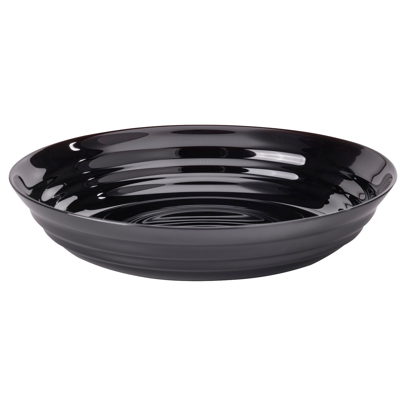 Elegant black glow dinnerware, glossy & opaque, circular ripple design, lightweight, stackable, safe for dishwasher & microwave.