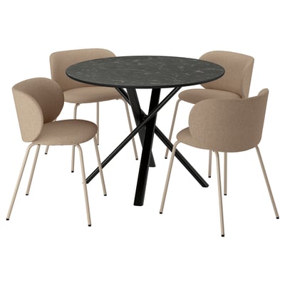 NORRMJÖLE / KRYLBO Table and 4 chairs, black marble effect/Tonerud dark beige, 105 cm