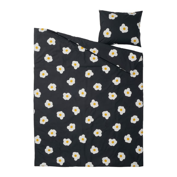 ÖGONLOCKSMAL Duvet cover and pillowcase, black/white/yellow, 150x200/50x60 cm