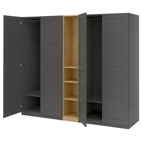 Black PAX wardrobe with open shelves, hanging rod, and adjustable shelves in light wood.