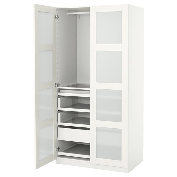 PAX / BERGSBO Wardrobe combination, white/frosted glass white, 100x60x201 cm