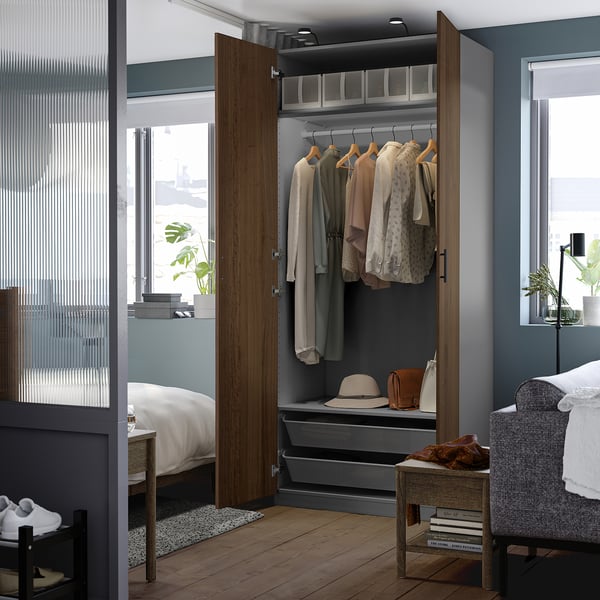 PAX / BJÖRNESKOGEN Wardrobe combination, dark grey/walnut veneer, 100x60x236 cm