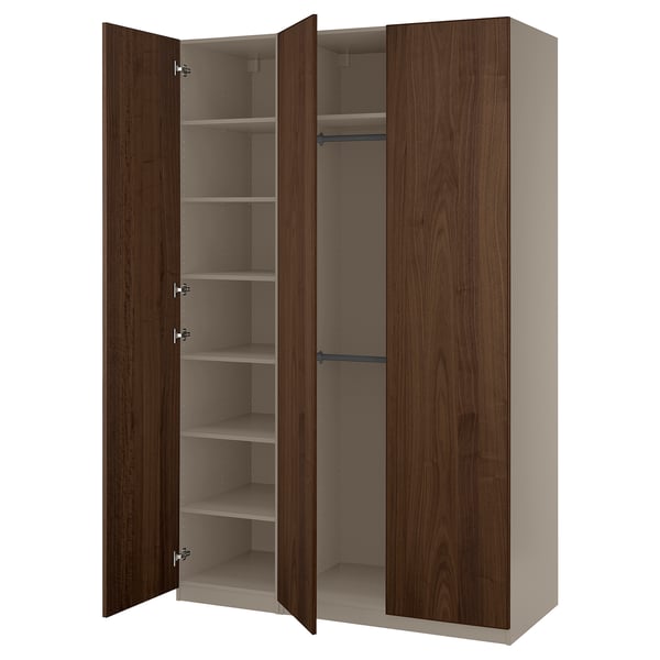 PAX / BJÖRNESKOGEN Wardrobe combination, grey-beige/walnut veneer, 150x58x236 cm