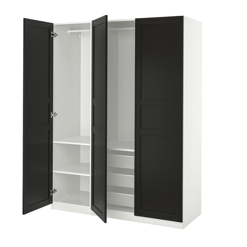 PAX wardrobe: white & black, three sections, open doors exposing shelves and hanging rod.