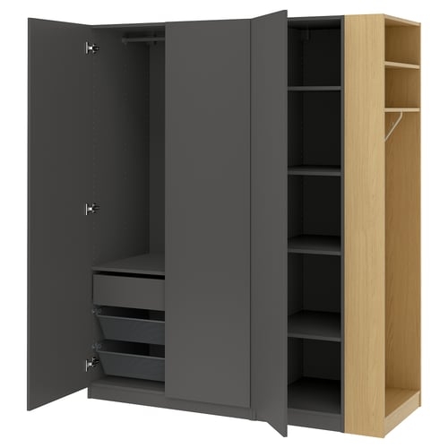 An open grey PAX wardrobe with shelves and drawers.