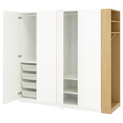 Three open wardrobe sections: left has white drawers, middle has shelves, right is wooden with hangers.