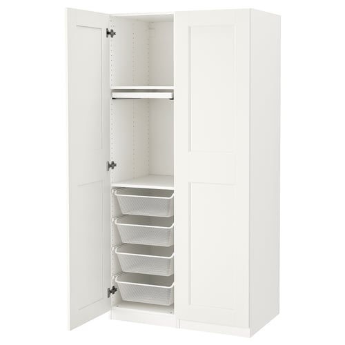 A PAX wardrobe in white with mesh baskets and drawers, designed for compact, organised storage.