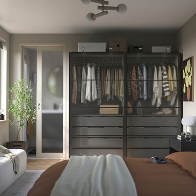 PAX / LUNDBRÄSMA Wardrobe with sliding doors, grey-beige black/checkered glass dark grey, 200x66x201 cm