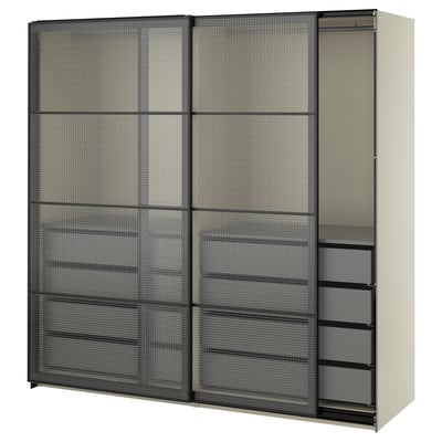 PAX / LUNDBRÄSMA Wardrobe with sliding doors, grey-beige black/checkered glass dark grey, 200x66x201 cm