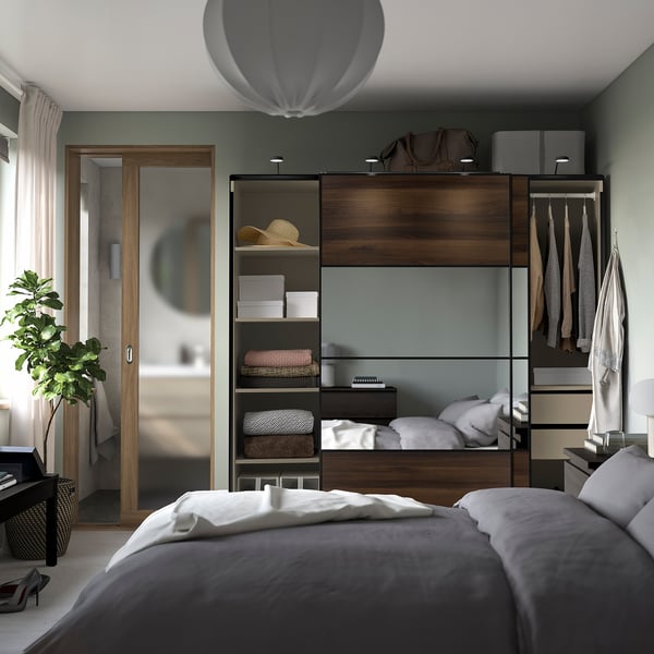 PAX / MEHAMN/AULI Wardrobe with sliding doors, grey-beige black/dark brown oak effect mirror glass, 200x66x201 cm