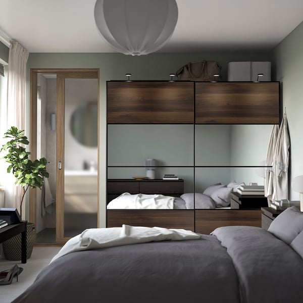 PAX / MEHAMN/AULI Wardrobe with sliding doors, grey-beige black/dark brown oak effect mirror glass, 200x66x201 cm