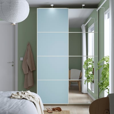 PAX / MEHAMN/AULI Wardrobe with sliding doors, white stained oak effect double sided/light blue mirror glass, 150x43x236 cm