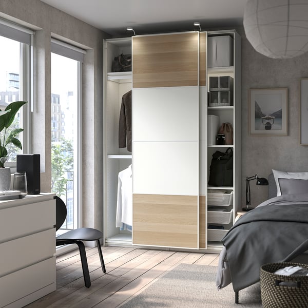 PAX / MEHAMN Wardrobe combination, white/double sided white stained oak effect, 150x43x236 cm