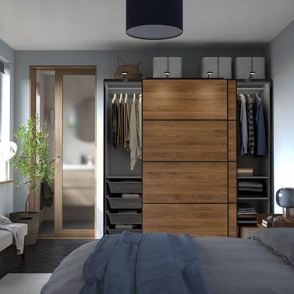 PAX / MEHAMN Wardrobe with sliding doors, dark grey black/double sided walnut, 200x66x201 cm