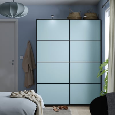PAX / MEHAMN Wardrobe with sliding doors, dark grey/double sided light blue, 150x66x201 cm