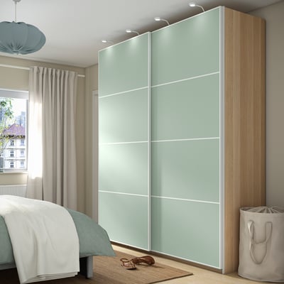 PAX / MEHAMN Wardrobe with sliding doors, white stained oak effect/double sided light green, 200x66x236 cm