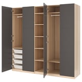 PAX / MERÅKER Wardrobe, white stained oak effect/dark grey, 250x60x236 cm