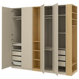 PAX / REINSVOLL Wardrobe combination, grey-beige grey-beige/oak effect, 255x60x236 cm