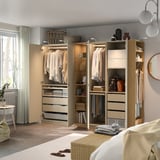 PAX / REINSVOLL Wardrobe combination, grey-beige grey-beige/oak effect, 255x60x201 cm