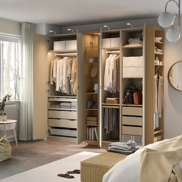 PAX / REINSVOLL Wardrobe combination, grey-beige grey-beige/oak effect, 255x60x236 cm