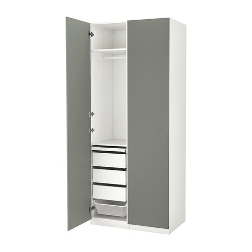 PAX wardrobe in light blue, featuring adjustable shelves and drawers, with a sleek, modern design.