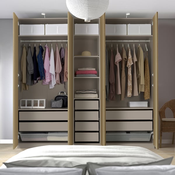 PAX / STORKLINTA Wardrobe combination, grey-beige/oak effect, 250x58x236 cm