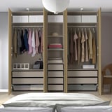 PAX / STORKLINTA Wardrobe combination, grey-beige/oak effect, 250x58x236 cm