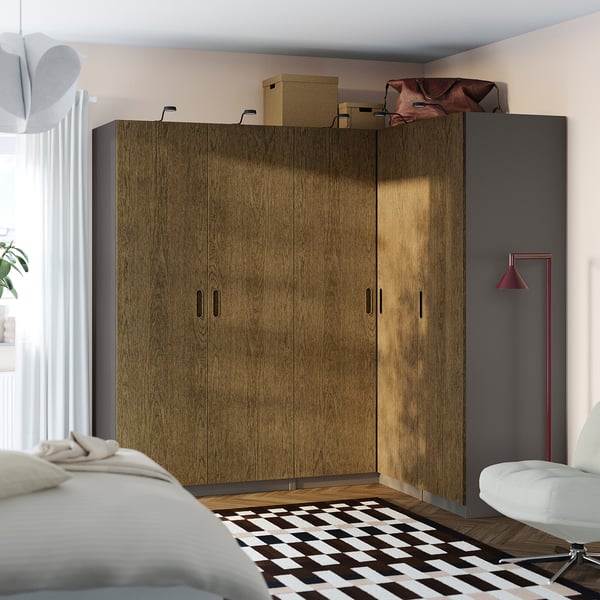 PAX / TONSTAD Corner wardrobe, dark grey/brown stained oak veneer, 211/161x201 cm