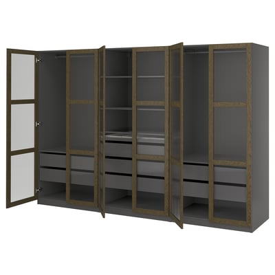 PAX / TONSTAD Wardrobe combination, dark grey brown/stained oak veneer glass, 300x60x201 cm