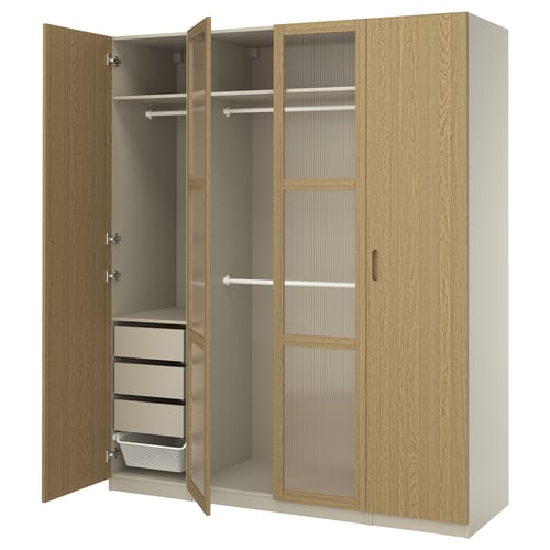 Wooden closet, PAX brand, light brown, rectangular, 3 doors & drawers, open showing storage.