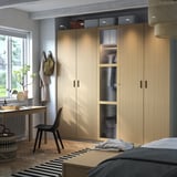 PAX / TONSTAD Wardrobe combination, grey-beige/oak veneer glass, 250x60x236 cm