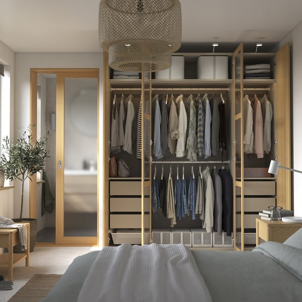 PAX / TONSTAD Wardrobe combination, grey-beige/oak veneer glass, 200x60x236 cm