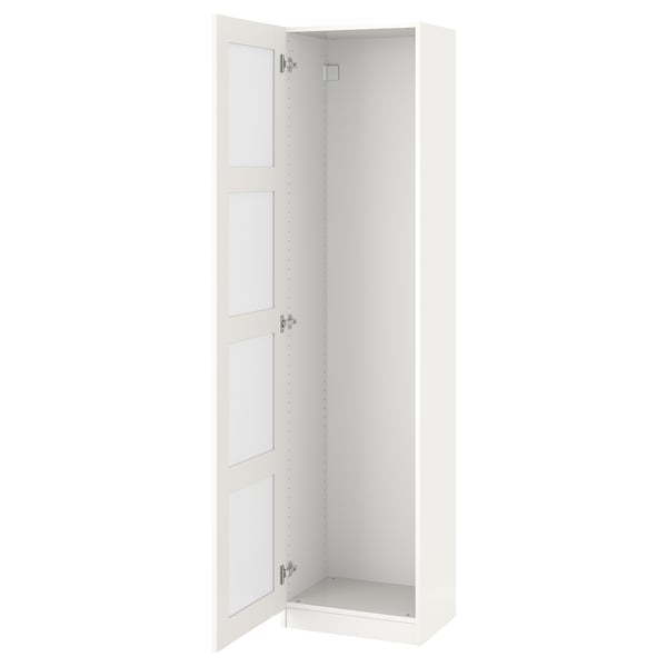 An open white PAX wardrobe with glass doors. Its slim and designed for small spaces, featuring soft-close hinges and a modern design.