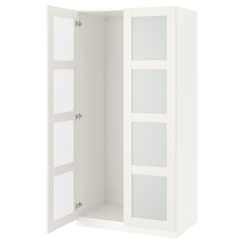 A white ikea PAX wardrobe with glass doors and adjustable interior compartments.