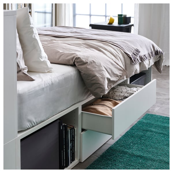 PLATSA Bed frame with 2 drawers, white/Fonnes, 142x244x103 cm