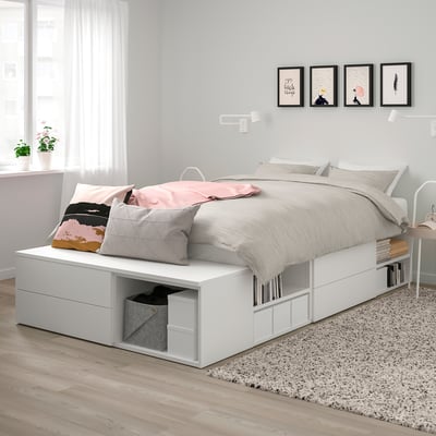 PLATSA Bed frame with 4 drawers, white/Fonnes, 142x244x43 cm