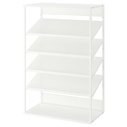 White metal shelving unit, open design, four shelves, modern and minimalist.