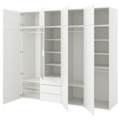 PLATSA Wardrobe with 8 doors+3 drawers, white STRAUMEN mirror glass/SANNIDAL white, 240x57x221 cm