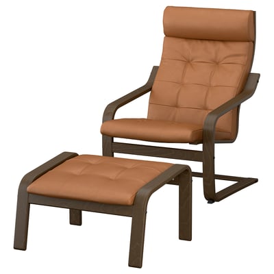 POÄNG Armchair and footstool, walnut effect/Grann golden-brown