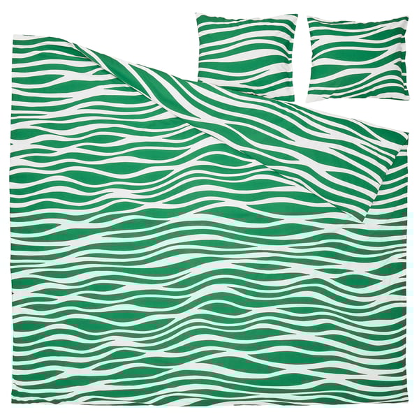 PORTLAKMÅLLA Duvet cover and 2 pillowcases, green/white, 240x220/50x60 cm