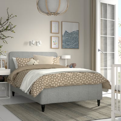 RÅHOLMAR Pocket spring mattress bse, 5 zones, incl leg and headboard medium firm/Tibbleby beige/grey, 120x200 cm