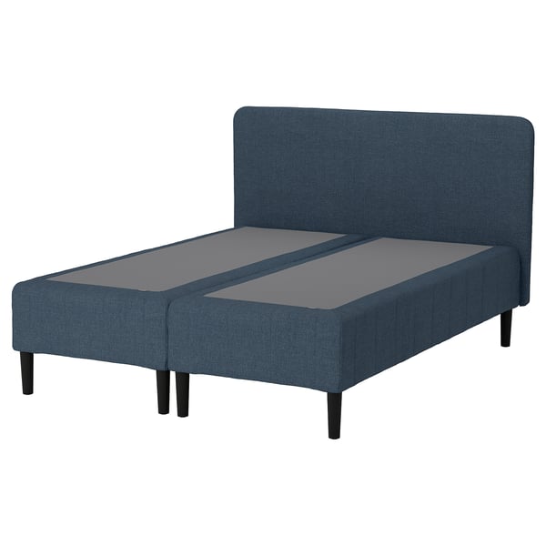 RENFJÄLLET Pocket spring mattress base, incl leg and headboard medium firm/Kilanda dark blue, 160x200 cm