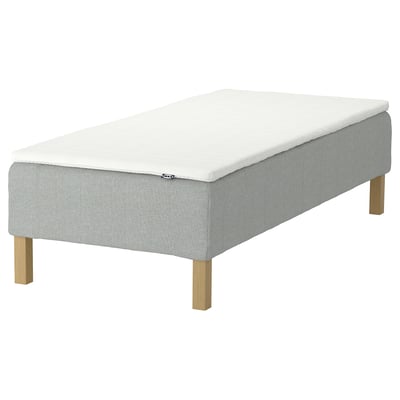 RENFJÄLLET mattress in light grey and white, rectangular with wooden legs.
