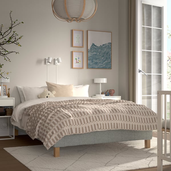 RENFJÄLLET Pocket spring mattress base, incl leg and mattress pad firm/Tibbleby beige/grey Nisseholm, 120x200 cm