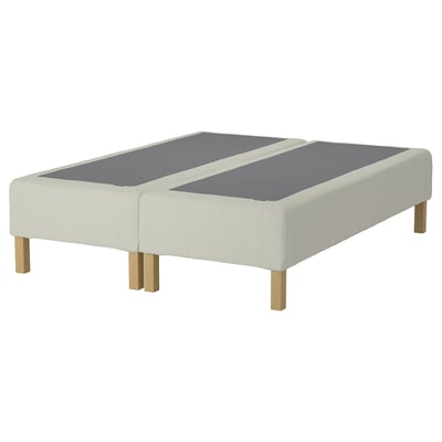 RENFJÄLLET bed base, white fabric, wooden legs, minimalist design, no headboard.