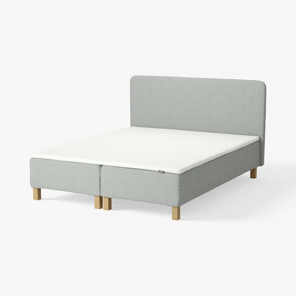 RENFJÄLLET Pocket spring mattress base, incl leg, mattress pad and headboar firm/Tibbleby beige/grey Nisseholm, 180x200 cm